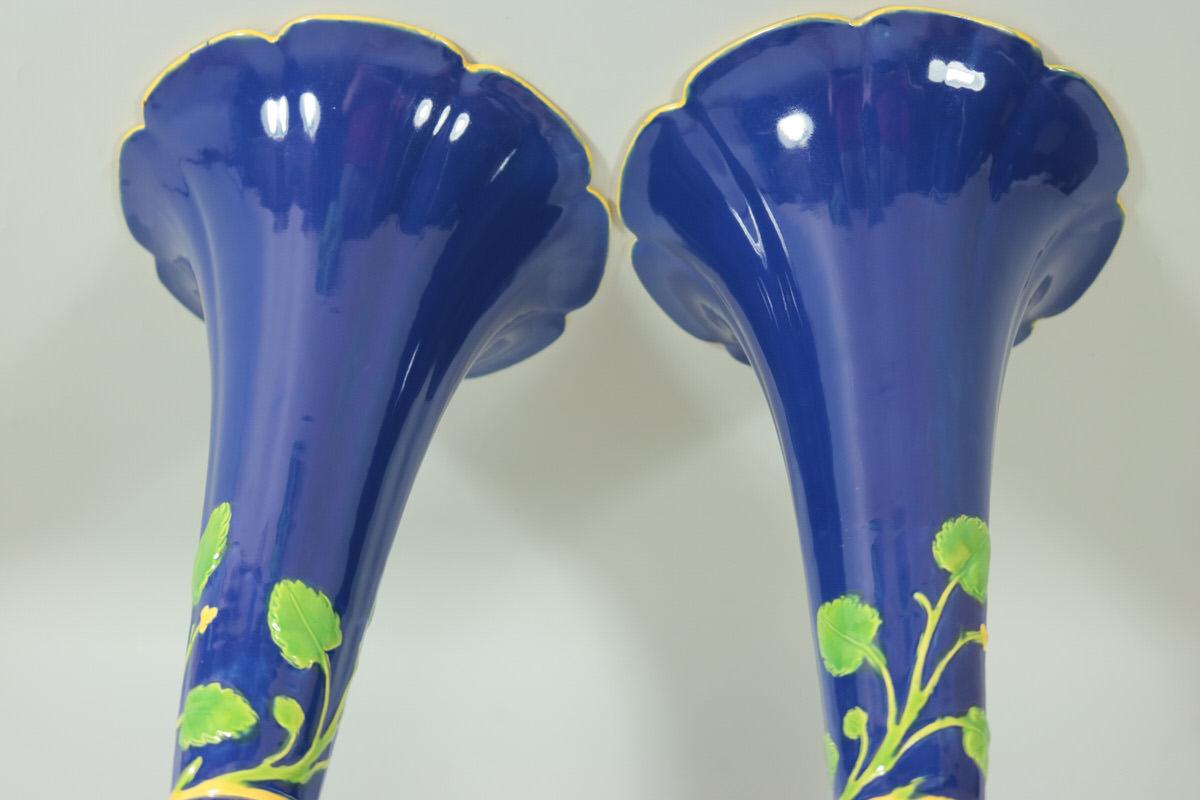 Pair of Large Victorian Minton Majolica Cherub Trumpet Vases 4