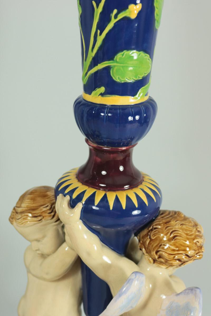 Pair of Large Victorian Minton Majolica Cherub Trumpet Vases 6
