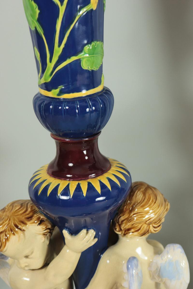 Pair of Large Victorian Minton Majolica Cherub Trumpet Vases 8