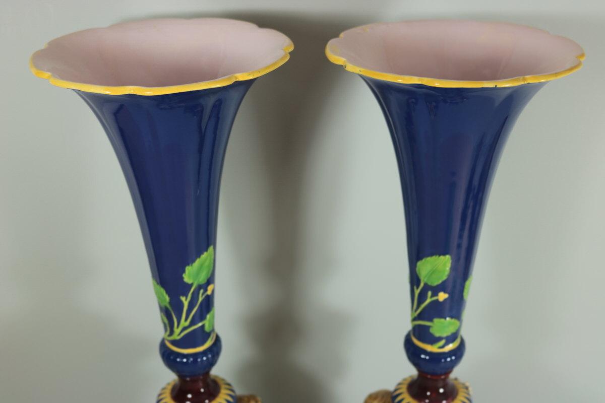 English Pair of Large Victorian Minton Majolica Cherub Trumpet Vases