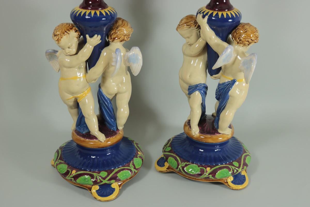 Mid-19th Century Pair of Large Victorian Minton Majolica Cherub Trumpet Vases