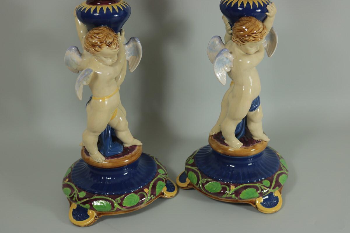 Pair of Large Victorian Minton Majolica Cherub Trumpet Vases 2