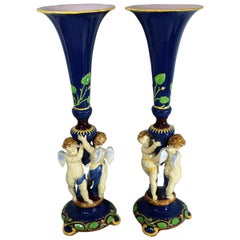 Pair of Large Victorian Minton Majolica Cherub Trumpet Vases