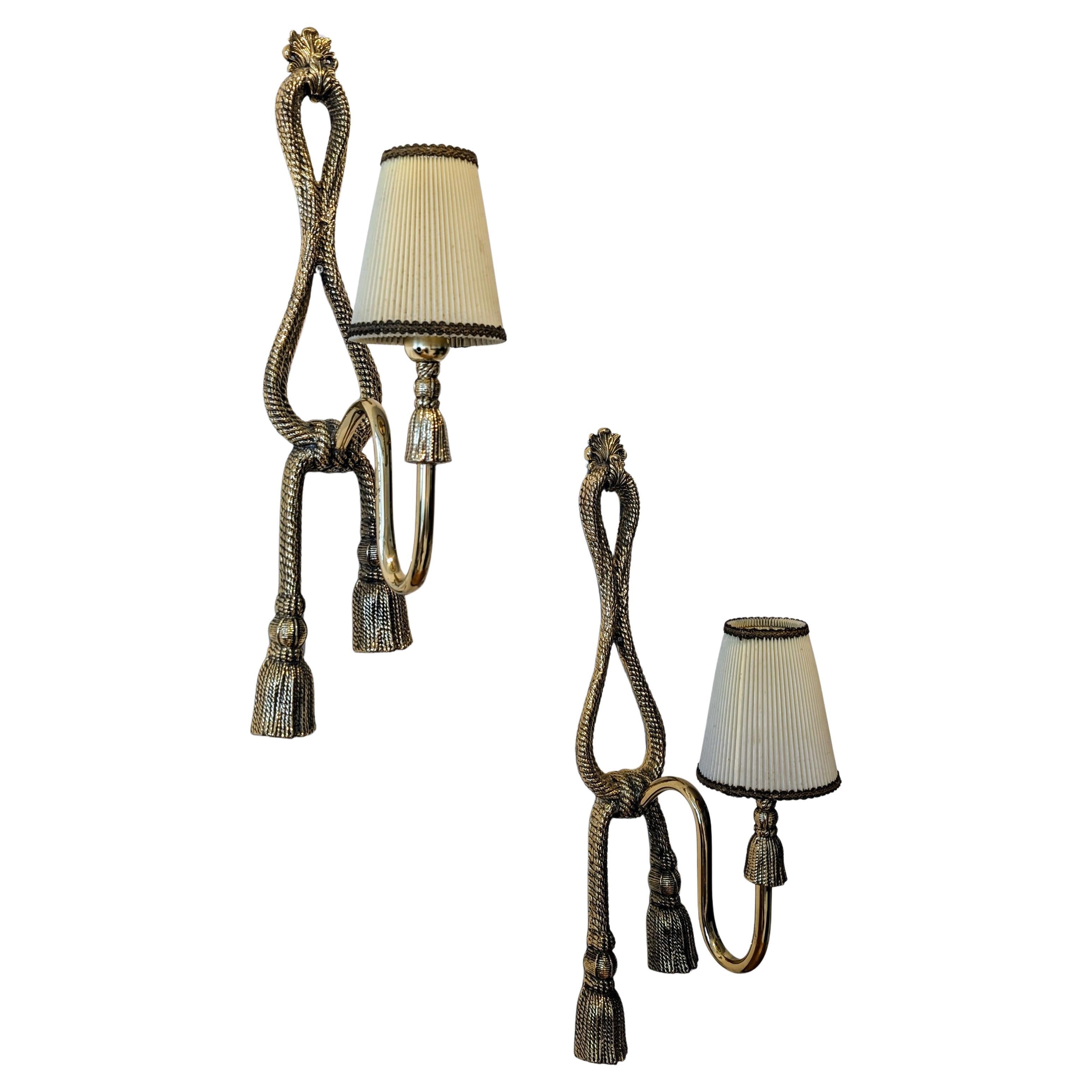 Paire de grandes appliques vintage en laiton avec corde et glands par Valenti 1960s