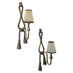 Pair large vintage brass rope & tassel wall lights / sconces by Valenti 1960s