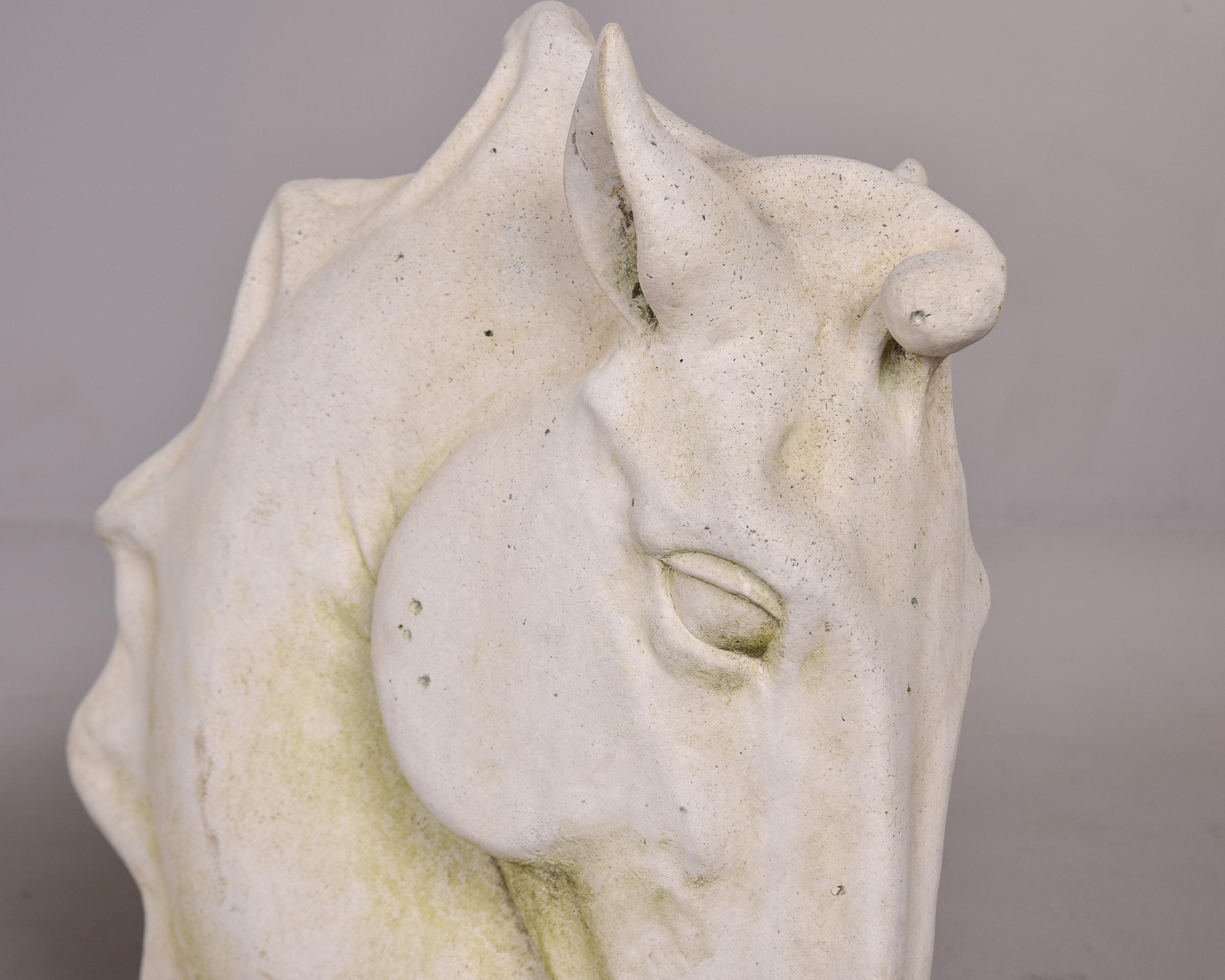 Pareja de grandes estatuas inglesas vintage de cemento fundido con cabeza de caballo para jardín en venta 6