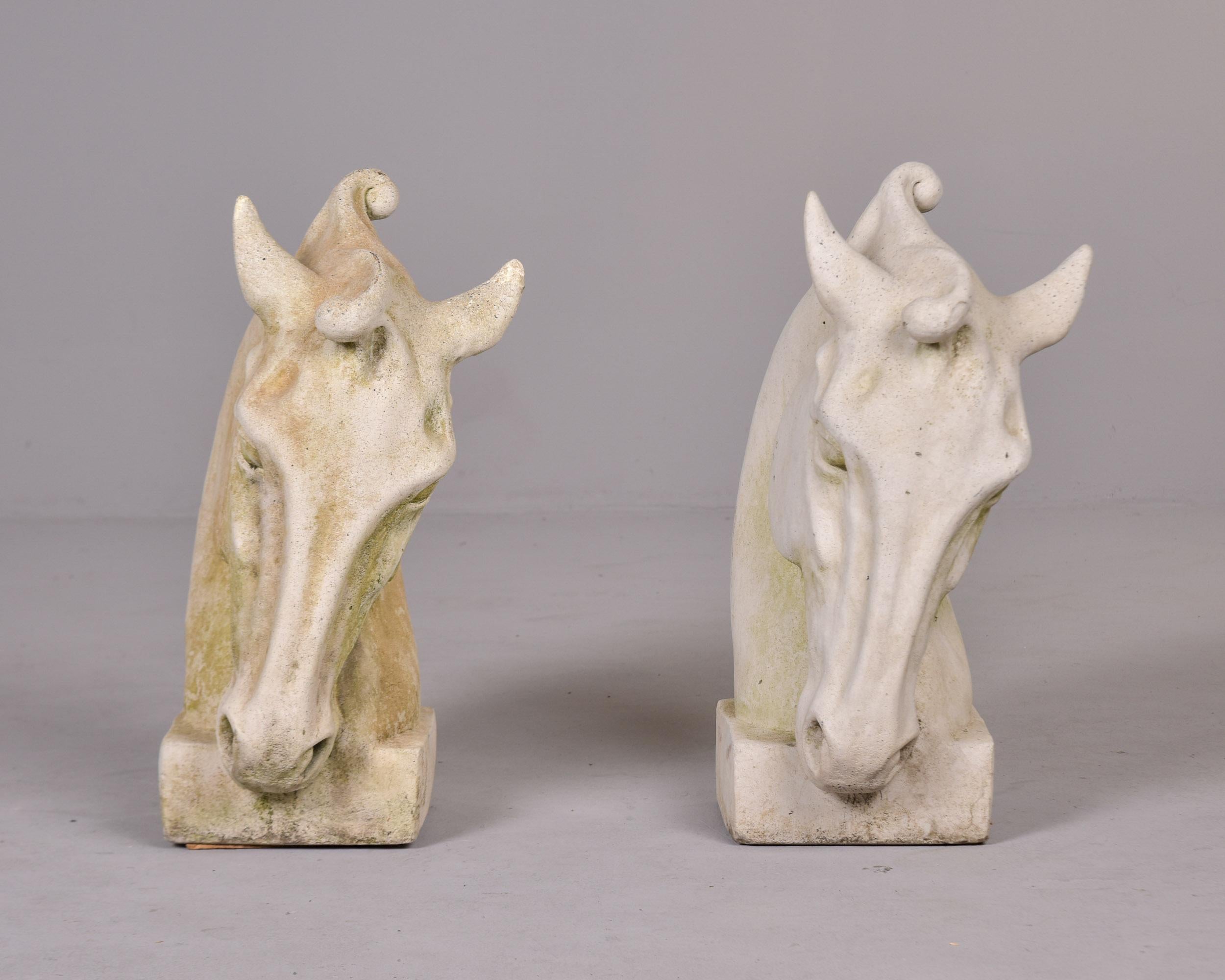 Pareja de grandes estatuas inglesas vintage de cemento fundido con cabeza de caballo para jardín Inglés en venta