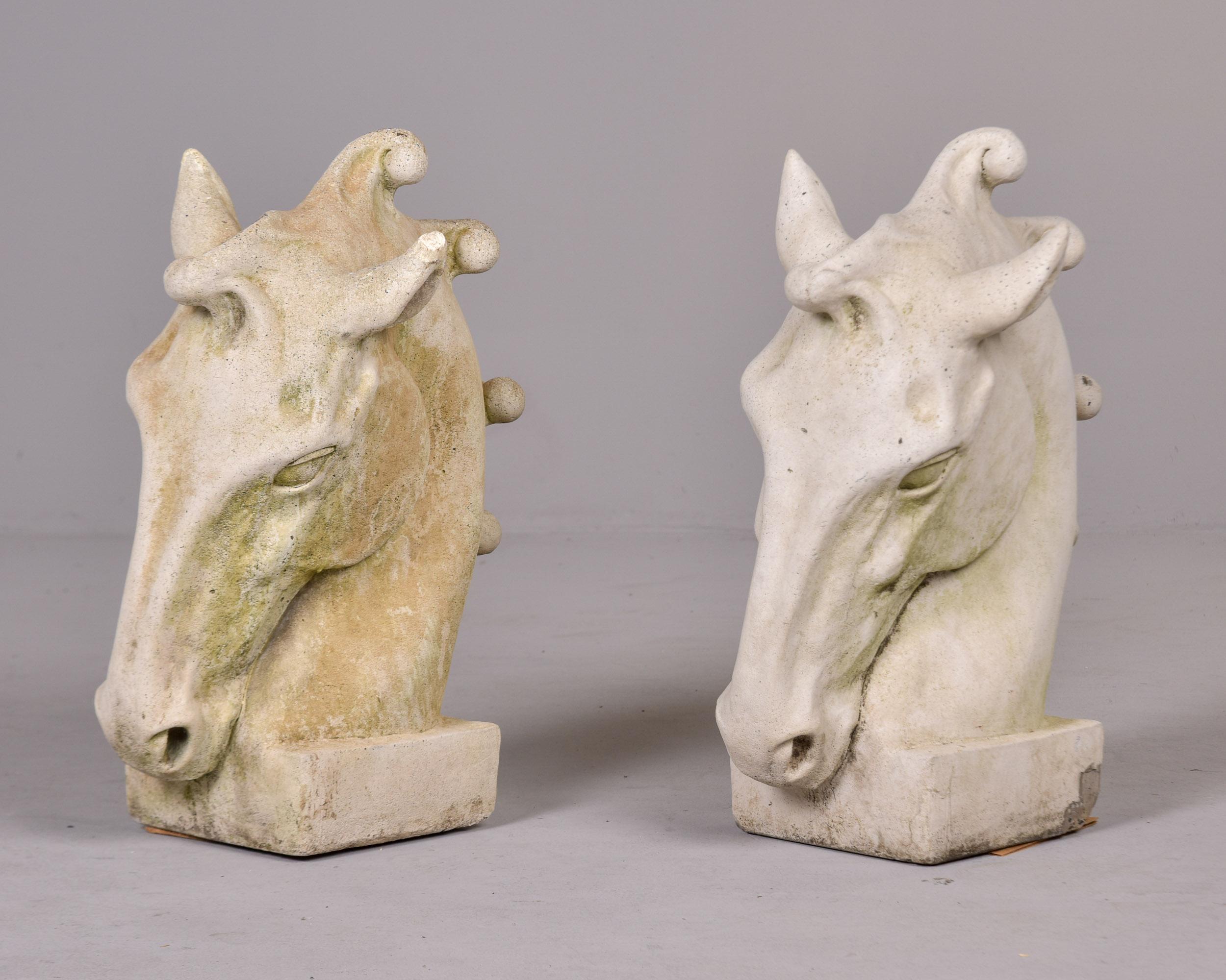 Pareja de grandes estatuas inglesas vintage de cemento fundido con cabeza de caballo para jardín finales del siglo XX en venta