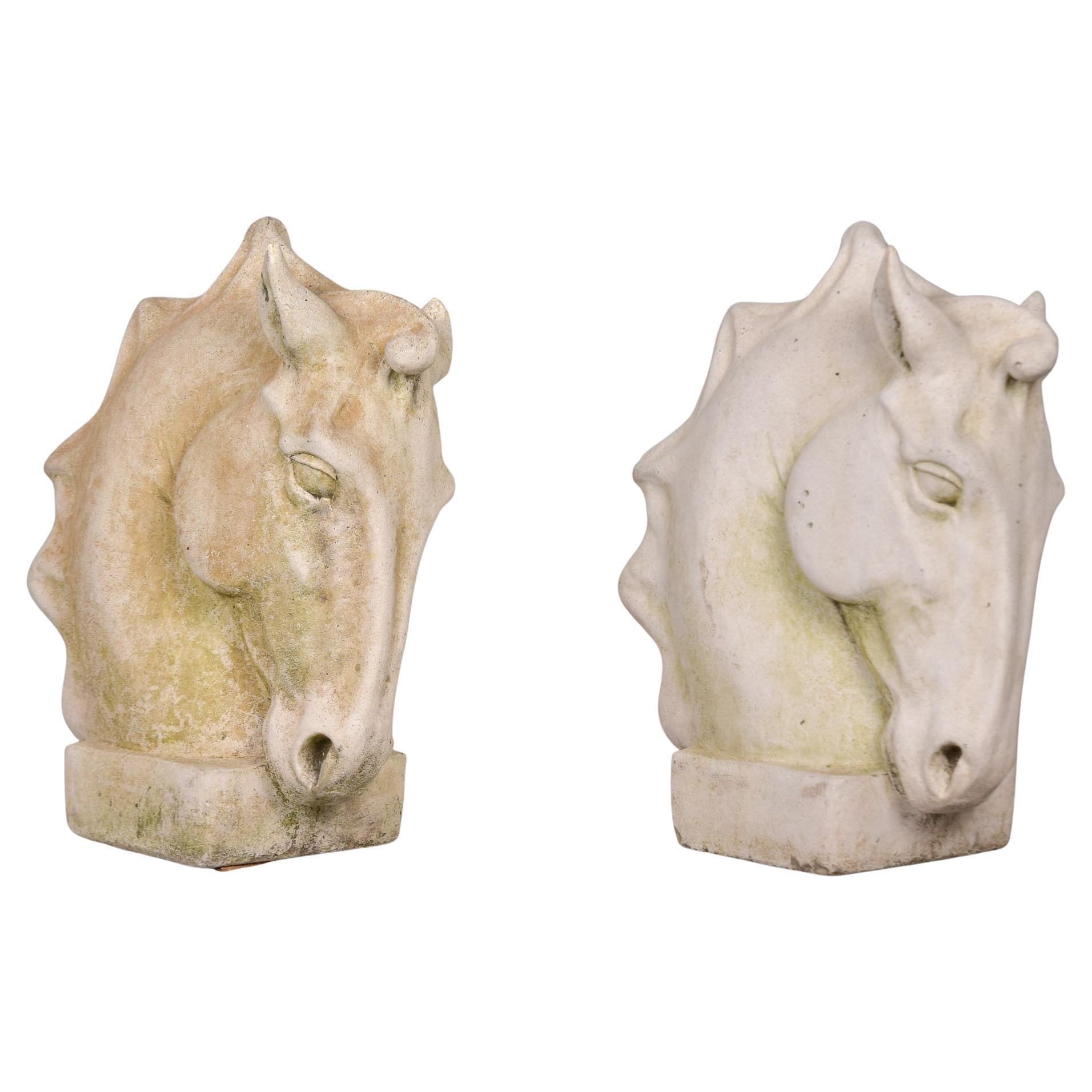 Pareja de grandes estatuas inglesas vintage de cemento fundido con cabeza de caballo para jardín