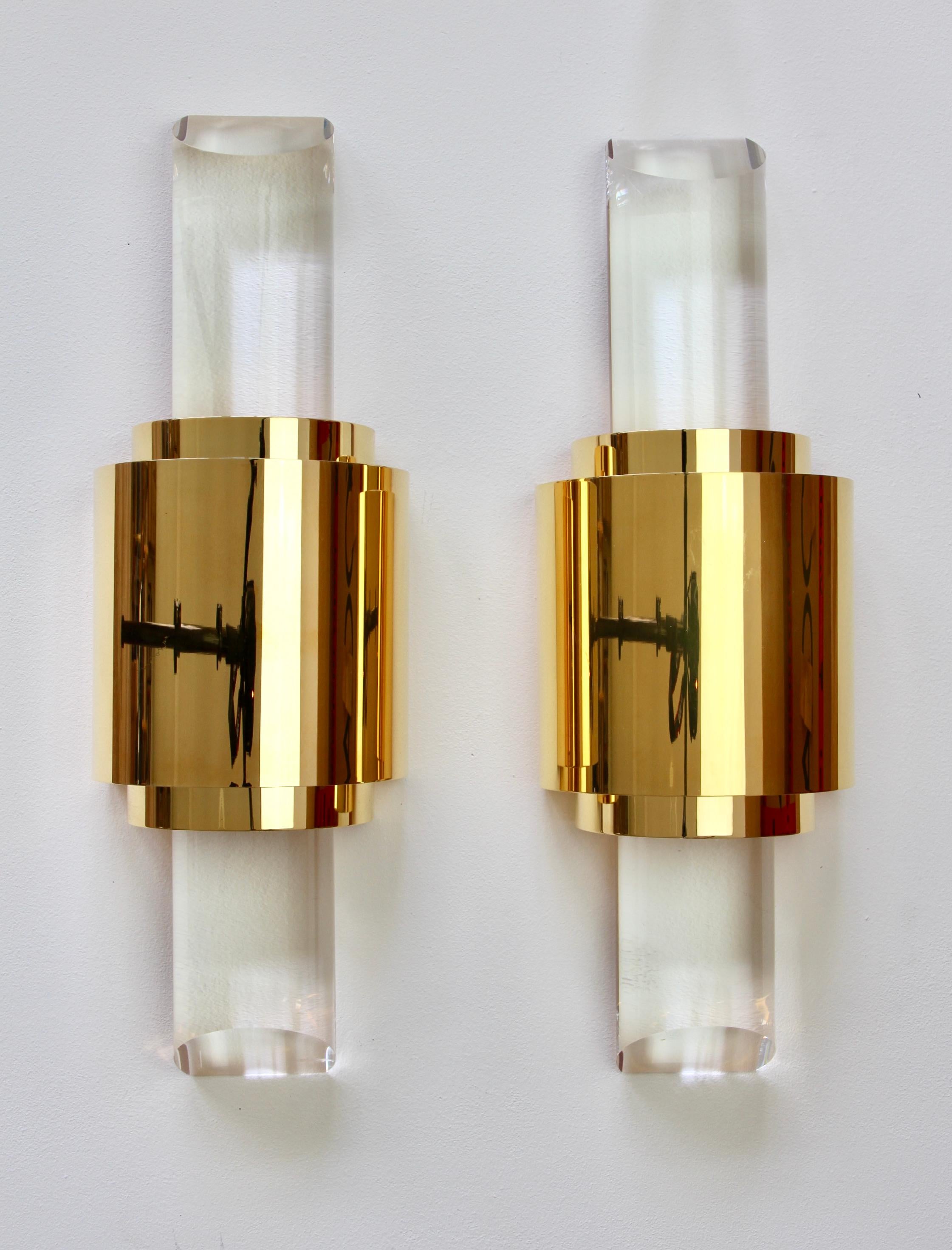 Pair Large Vintage Hollywood Regency Lucite and Gold Wall Lights or Sconces 7