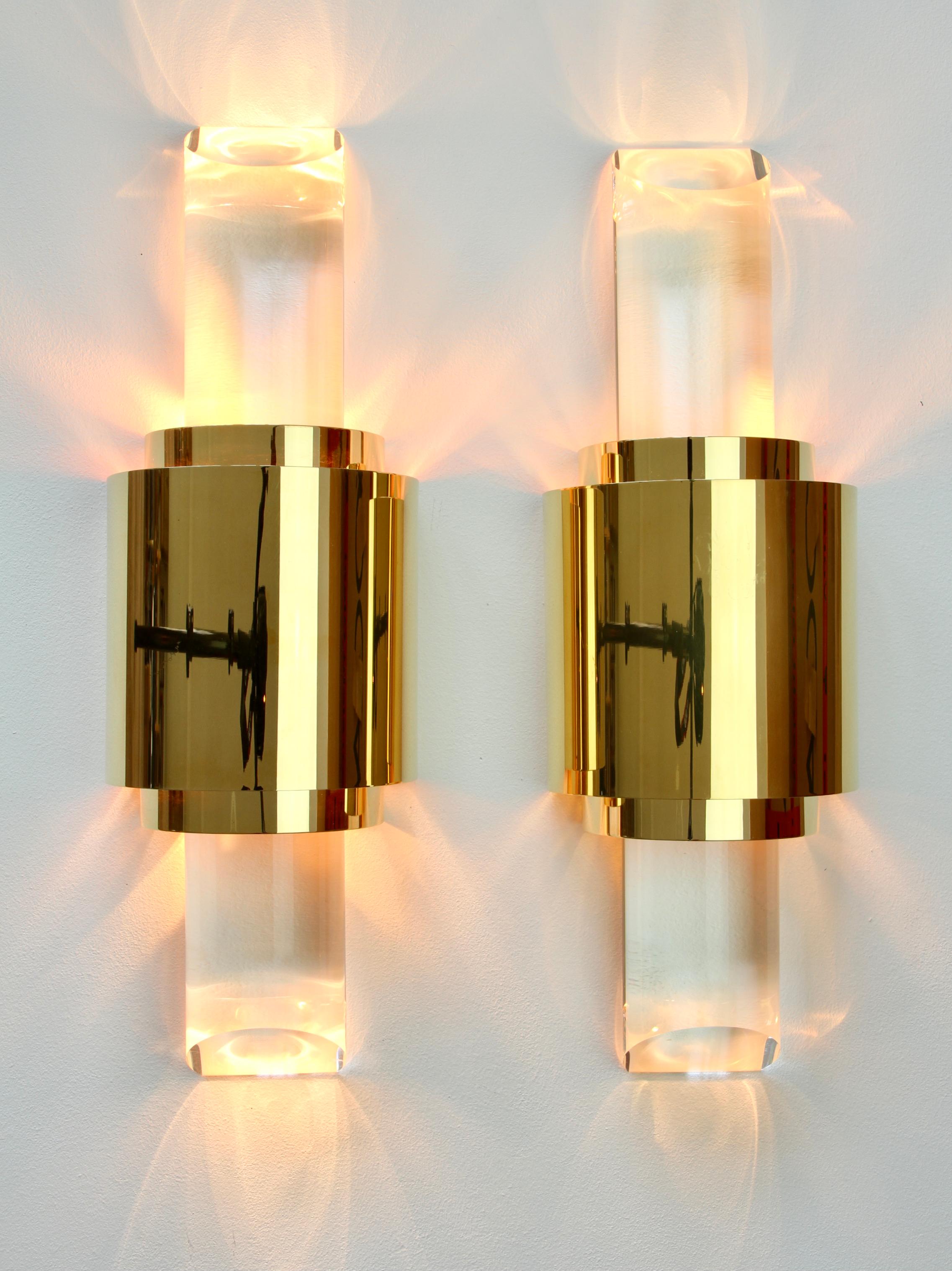 Pair Large Vintage Hollywood Regency Lucite and Gold Wall Lights or Sconces 8