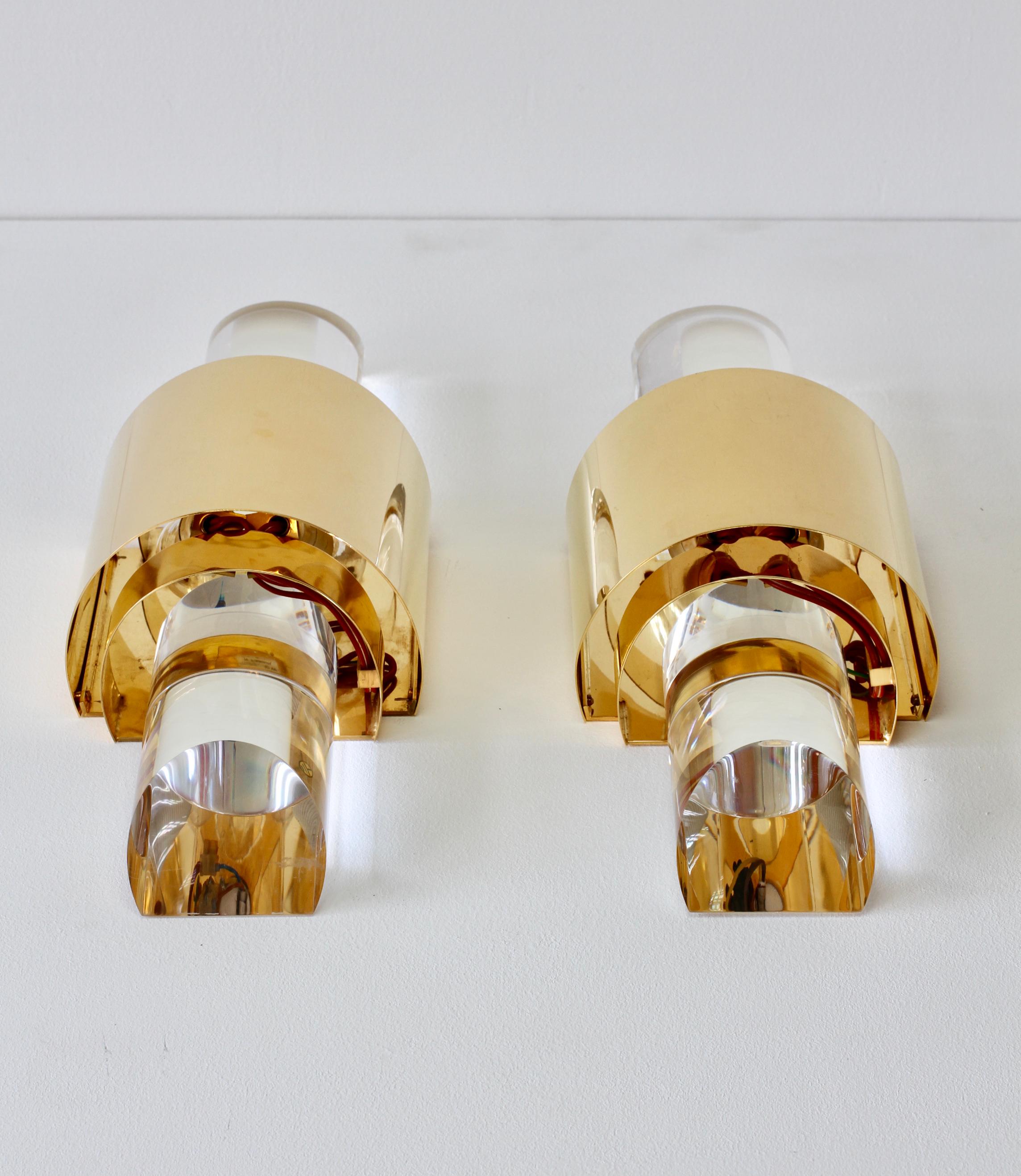 Pair Large Vintage Hollywood Regency Lucite and Gold Wall Lights or Sconces 9