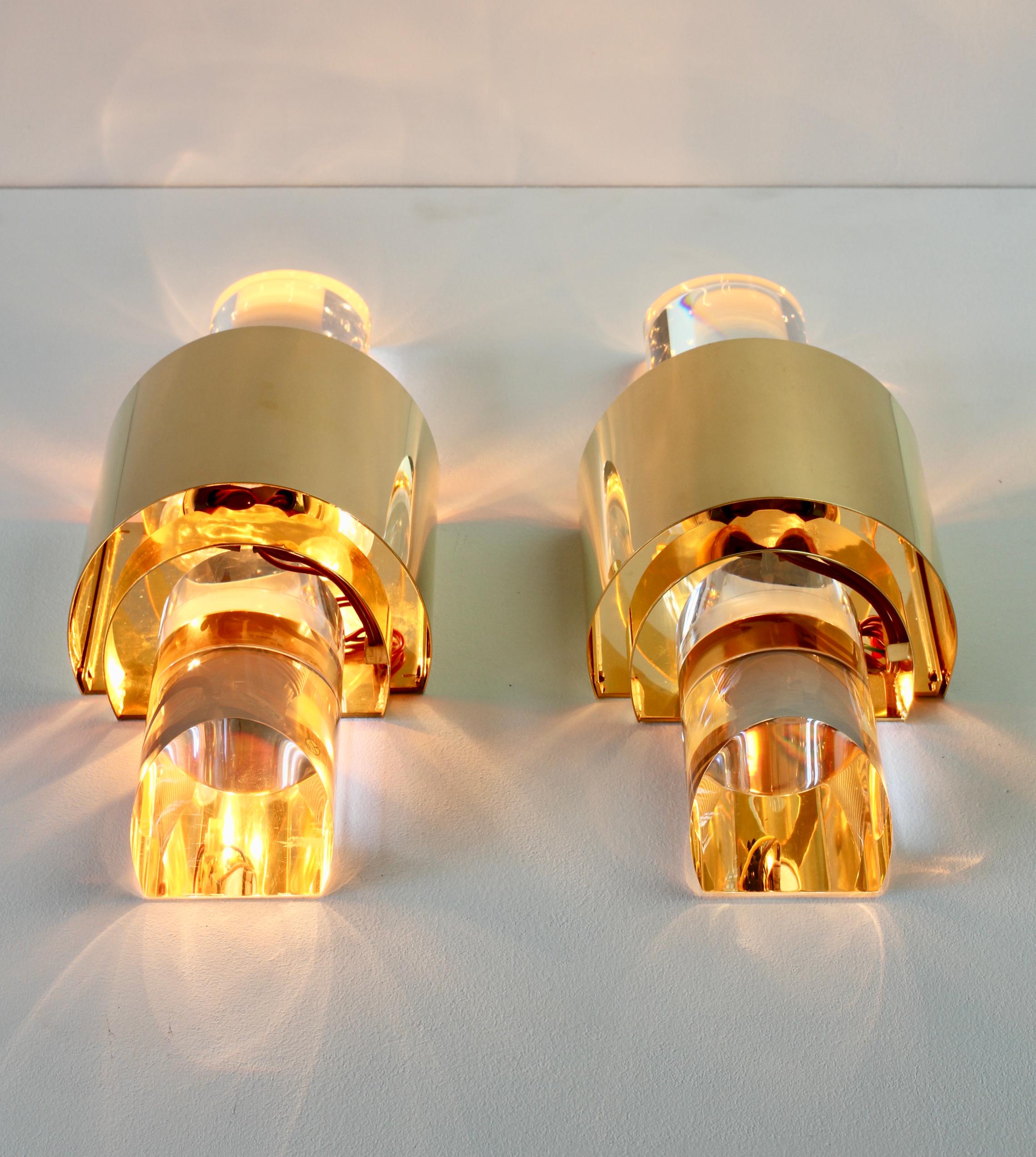 Pair Large Vintage Hollywood Regency Lucite and Gold Wall Lights or Sconces 10