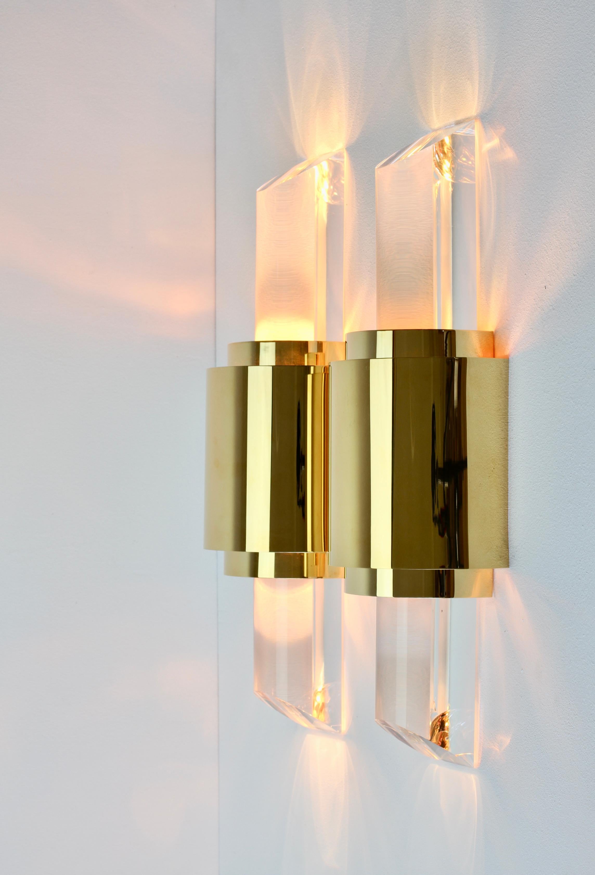 Italian Pair Large Vintage Hollywood Regency Lucite and Gold Wall Lights or Sconces