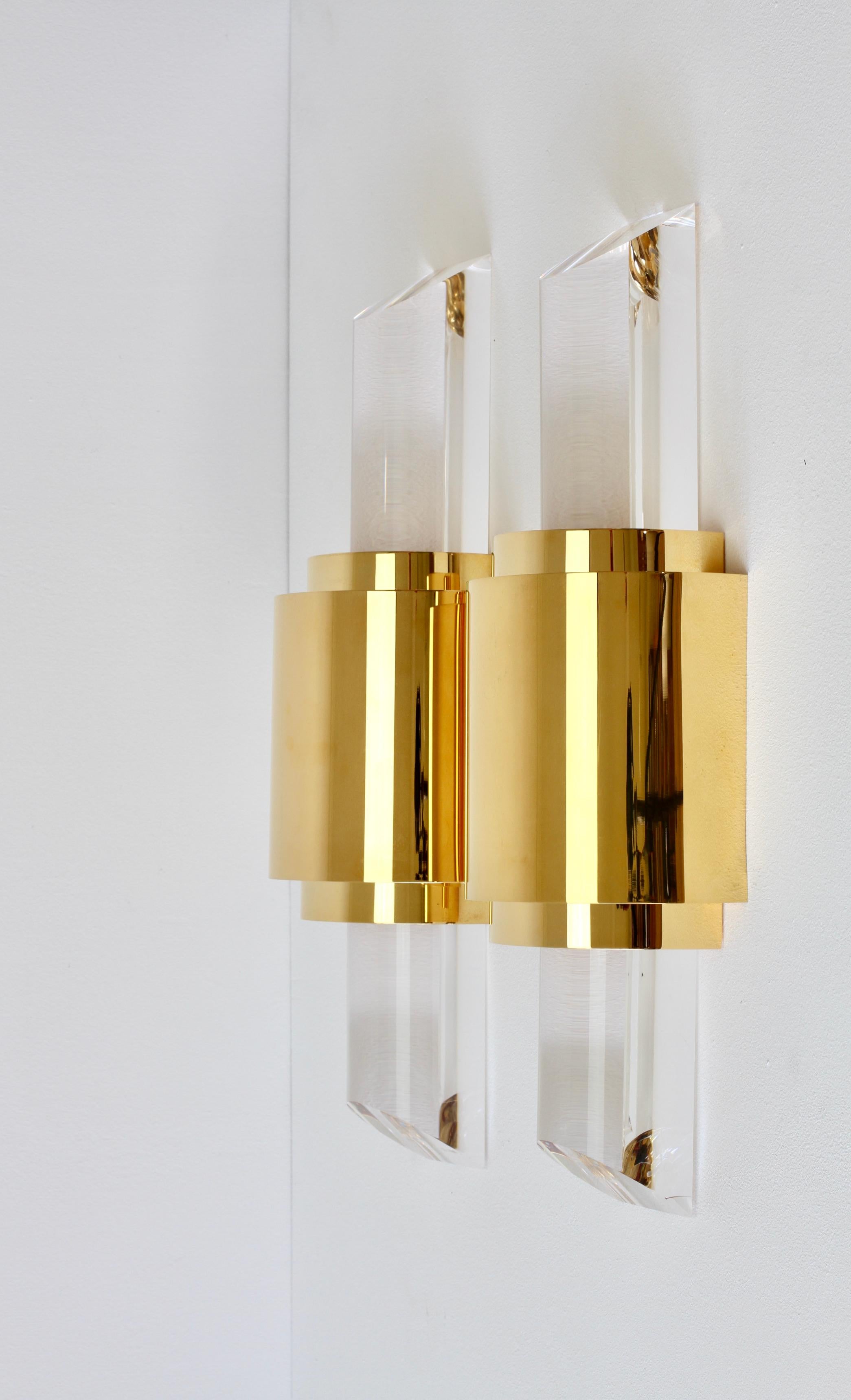 Gold Plate Pair Large Vintage Hollywood Regency Lucite and Gold Wall Lights or Sconces