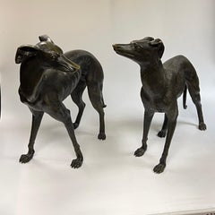 Pair Large Vintage Whippet Dog Patinated Bronze Sculptures