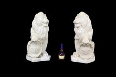 Pair Large White Glazed Ceramic Figures of Entryway Lions Paws Raised on Shield