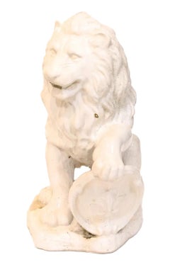 Pair Large White Glazed Ceramic Figures of Entryway Lions w/Paw Raised on Shield