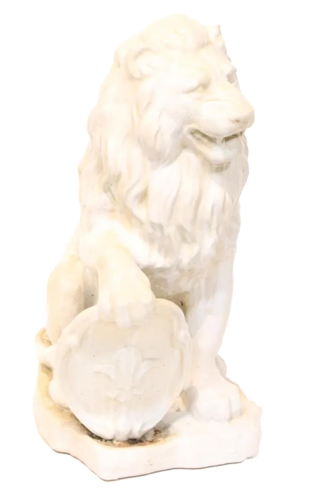 Victorian Pair Large White Glazed Ceramic Figures of Entryway Lions w/Paw Raised on Shield For Sale