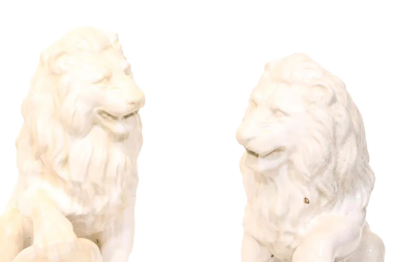 French Pair Large White Glazed Ceramic Figures of Entryway Lions w/Paw Raised on Shield For Sale