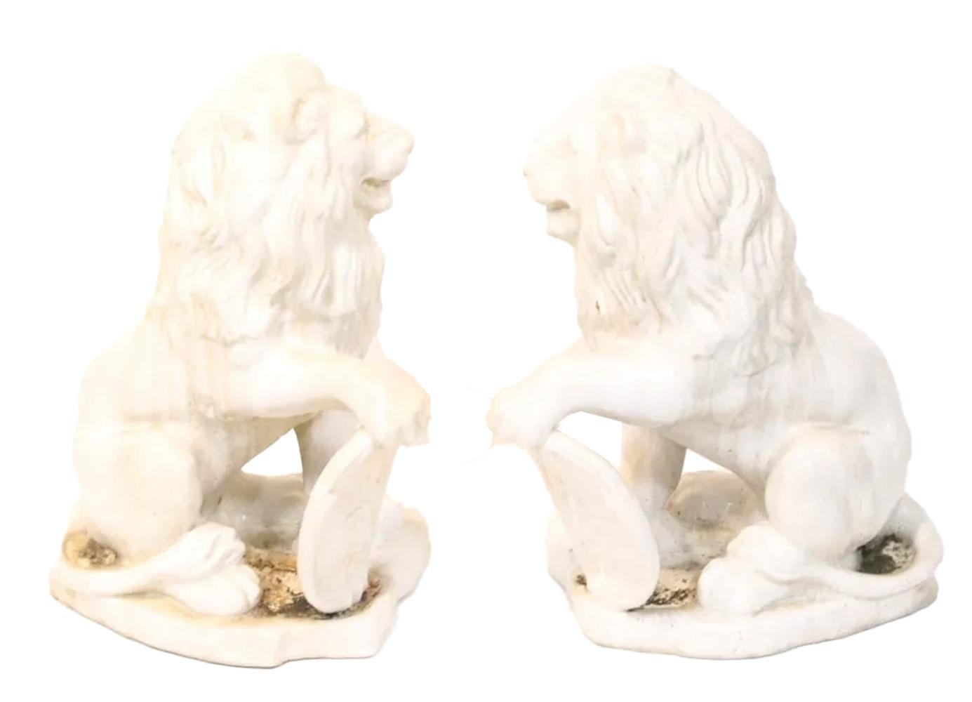 19th Century Pair Large White Glazed Ceramic Figures of Entryway Lions w/Paw Raised on Shield For Sale