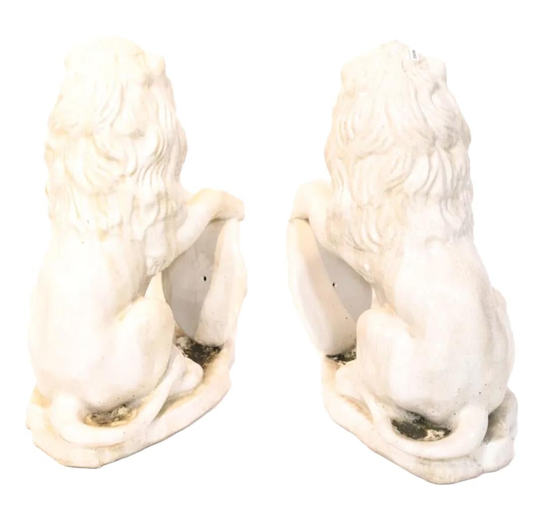 Pair Large White Glazed Ceramic Figures of Entryway Lions w/Paw Raised on Shield For Sale 1