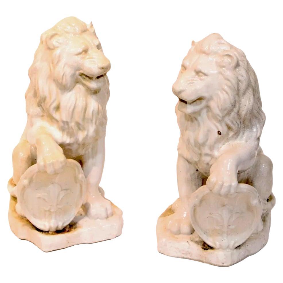 Pair Large White Glazed Ceramic Figures of Entryway Lions w/Paw Raised on Shield For Sale