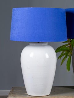Pair of Large White Handmade Ceramic Modern Lamps with Delft Blue Shades