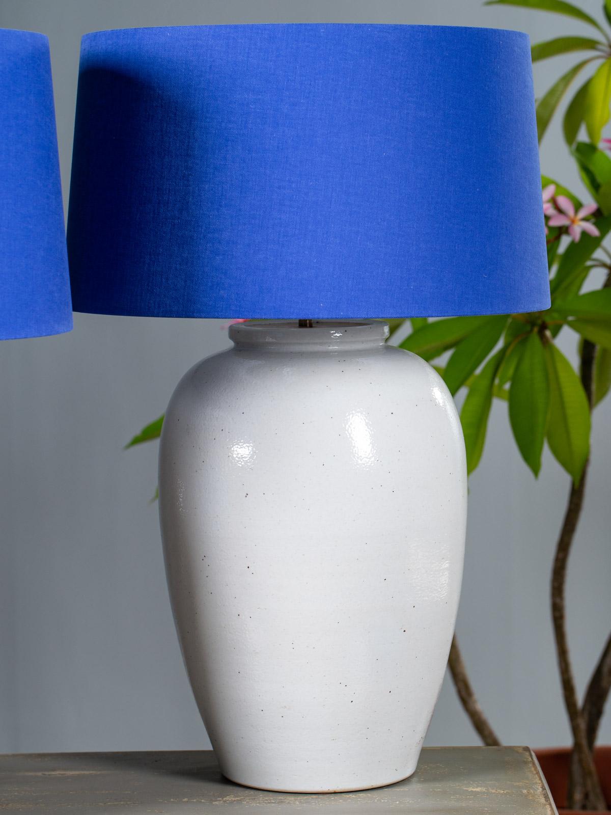 Chinese Export Pair of Large White Handmade Ceramic Modern Lamps with Delft Blue Shades