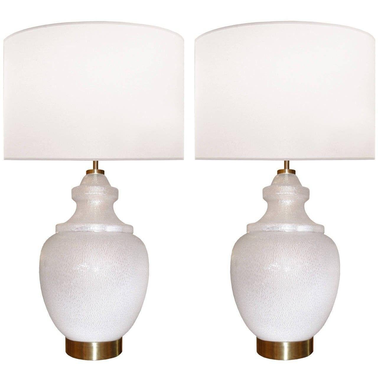Pair Large White Mid-Century Modern Table Lamps, Textured Art Glass, Brass 1960s In Good Condition For Sale In Stamford, CT