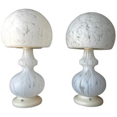Pair Large White Spotted, Frosted Murano Glass Table Lamps, Italy