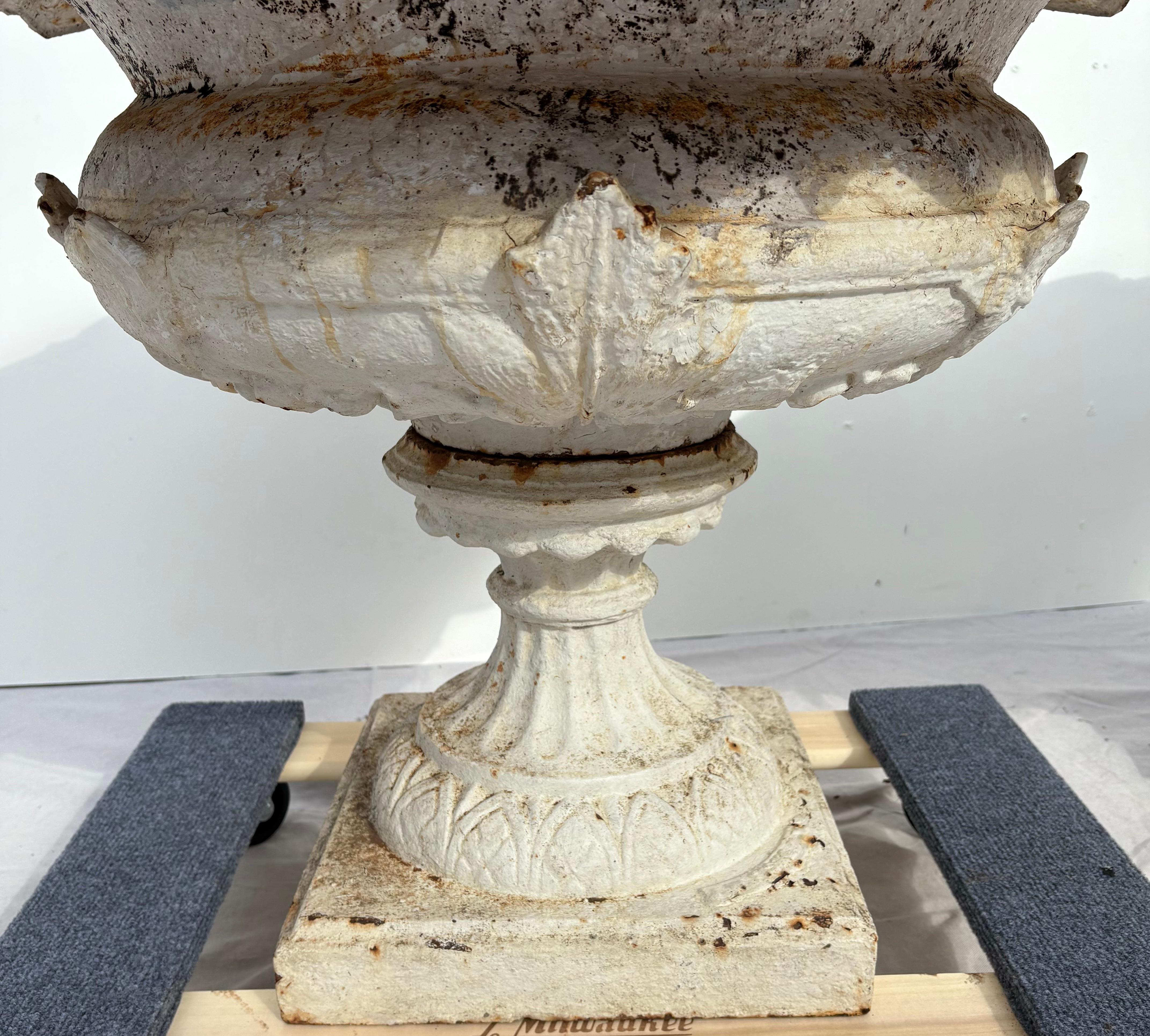 Early Victorian Pair Largest Size J W Fiske Cast Iron “Linden” Pattern Urns For Sale