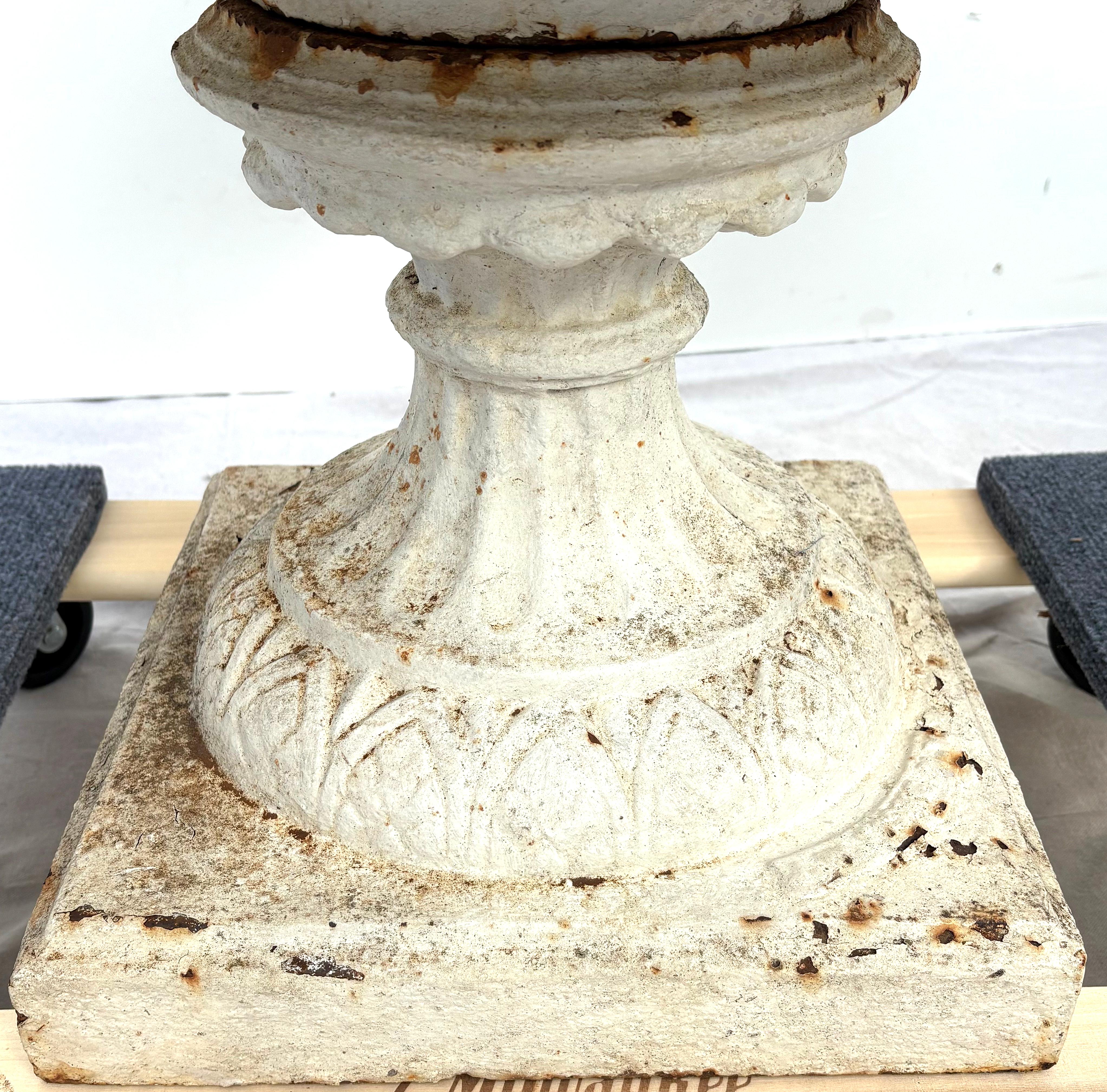 19th Century Pair Largest Size J W Fiske Cast Iron “Linden” Pattern Urns For Sale