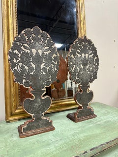 Pair Late 18th C Continental Floral Tole & Wood Topiary Style Mantle Pieces
