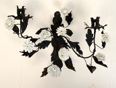 Late 18th Century French Tole Floral Sconces with White Porcelain Flowers, Pair