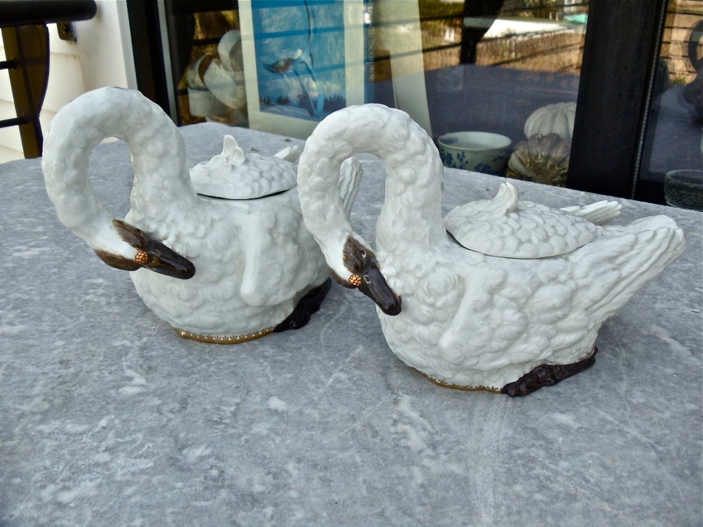 Incredible pair of Meissen swan tureens. One with hole in tail feathers for cream. Realistically styled reminiscent of the Meissen swan service ordered for count Brule.
