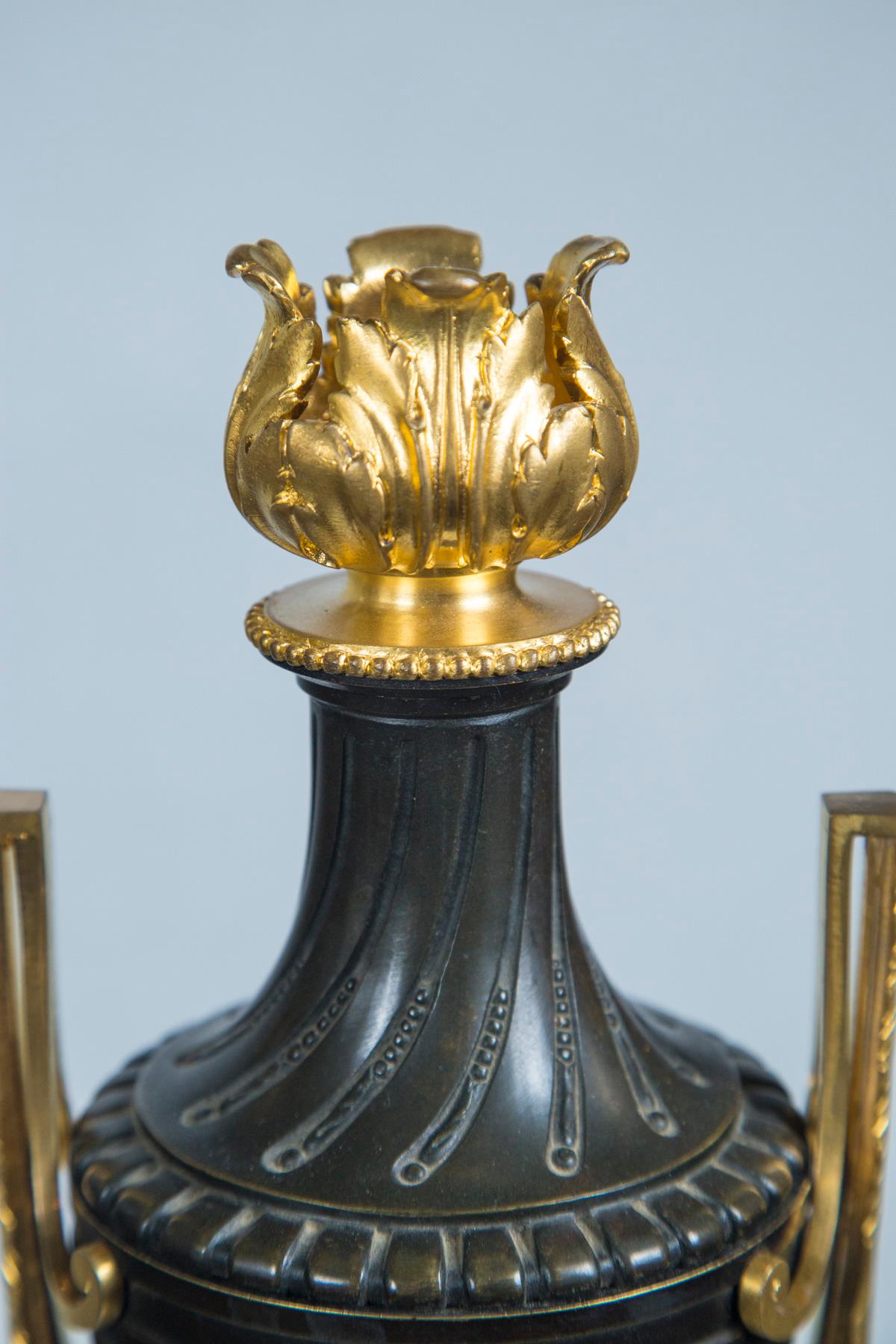 Neoclassical Pair of Late 18th Century Gilt Bronze, Patinated  Bronze and Marble Urns