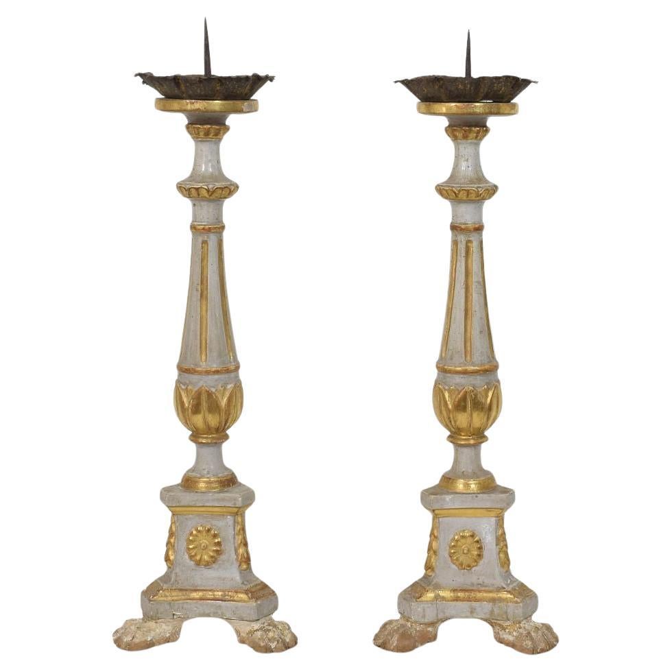Pair Late 18th Century Italian Neoclassical Carved Wooden Candleholders