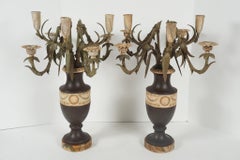 Pair Late 19th Century French Tole Painted Bronze Urn & Flower Form Candelabra