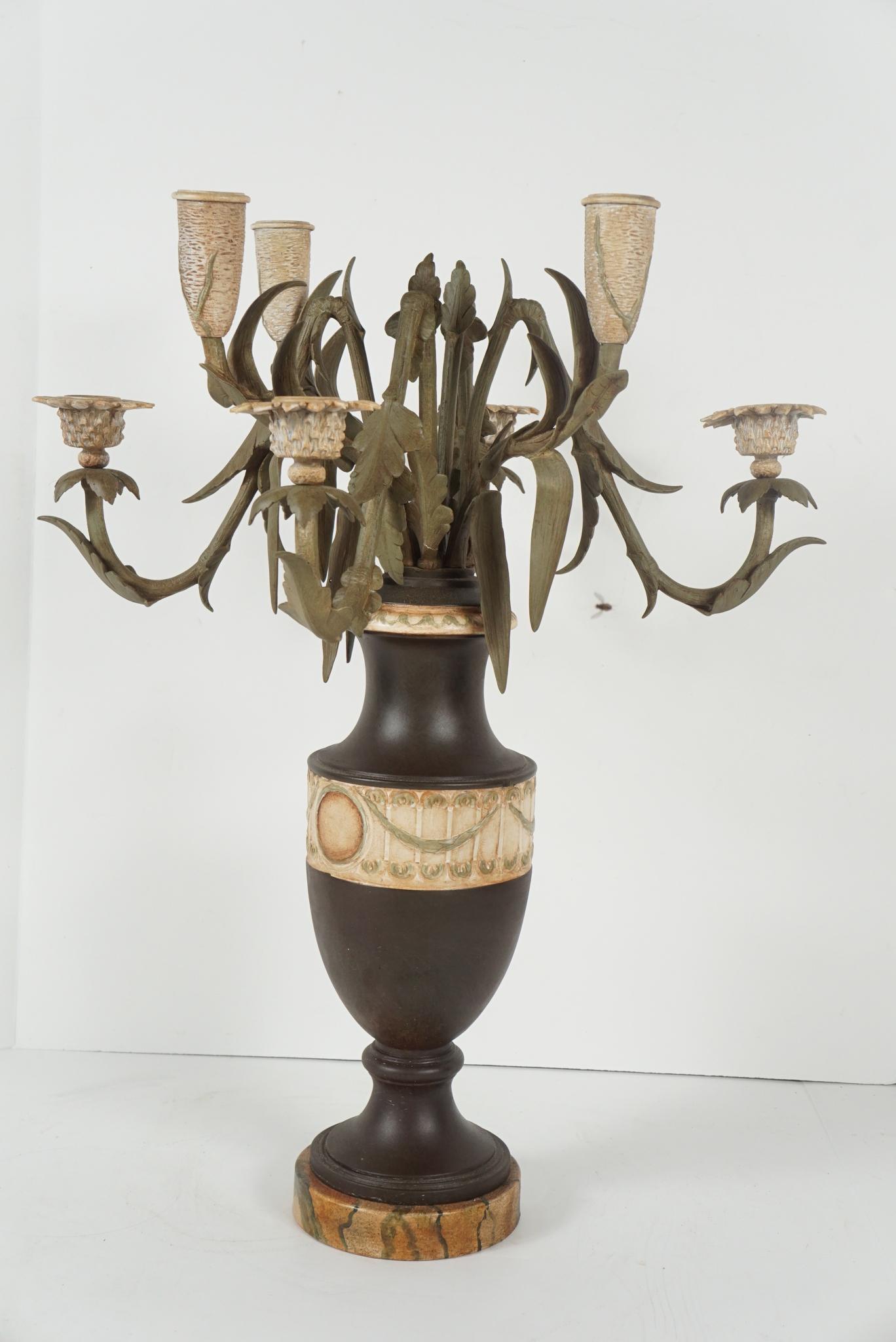 Aesthetic Movement Pair Late 19th Century French Tole Painted Bronze Urn & Flower Form Candelabra For Sale
