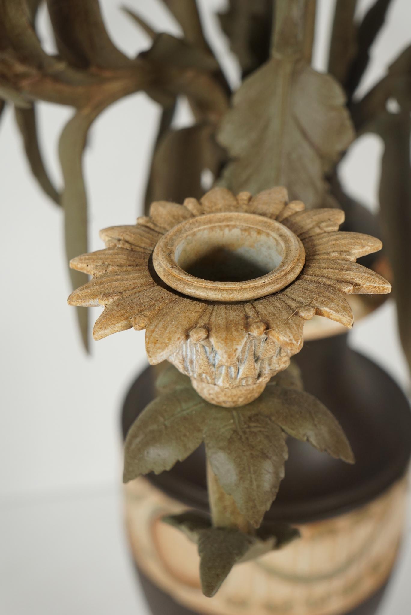 Pair Late 19th Century French Tole Painted Bronze Urn & Flower Form Candelabra In Good Condition For Sale In Hudson, NY