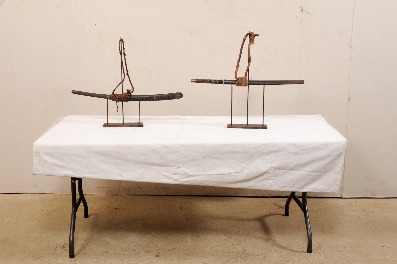 Pair of Late 19th Century Laotian Swords on Custom Stands In Good Condition For Sale In Atlanta, GA