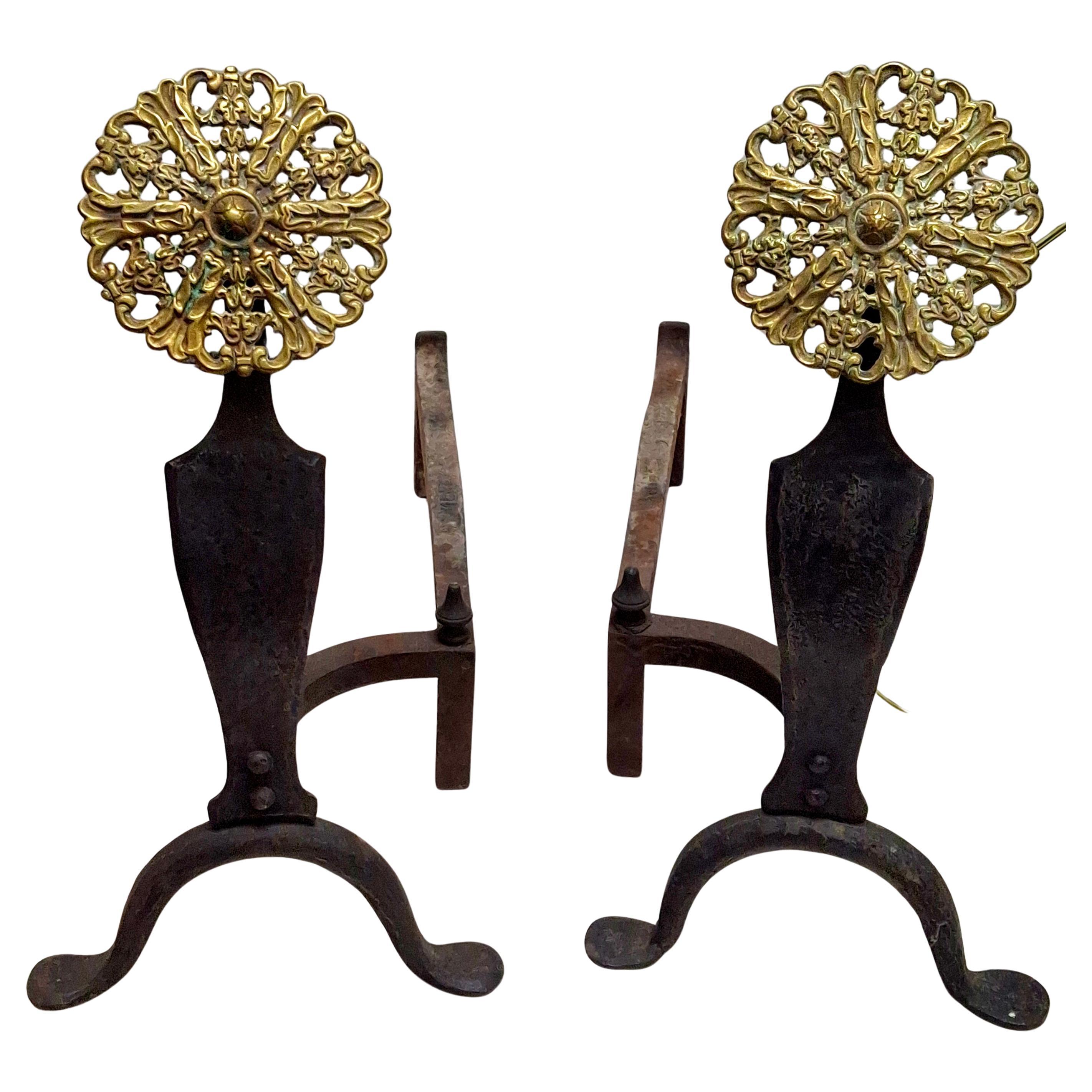 Pair Late 19th C. McKinney Hammered Iron and Brass Medallion Andirons For Sale