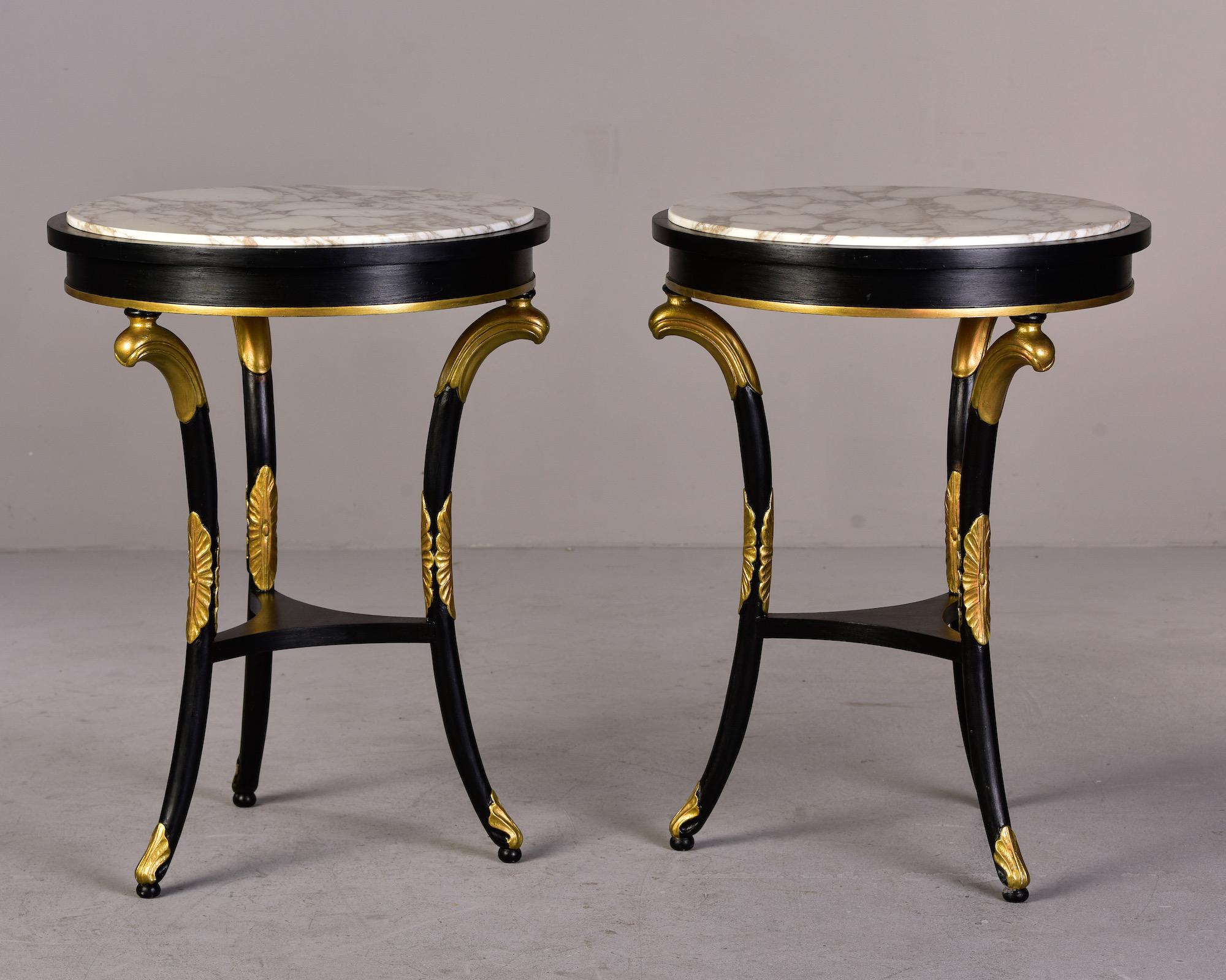 English Pair Late 19th C Regency Ebonised Tables with Gilt Wood Fittings and Marble Tops For Sale