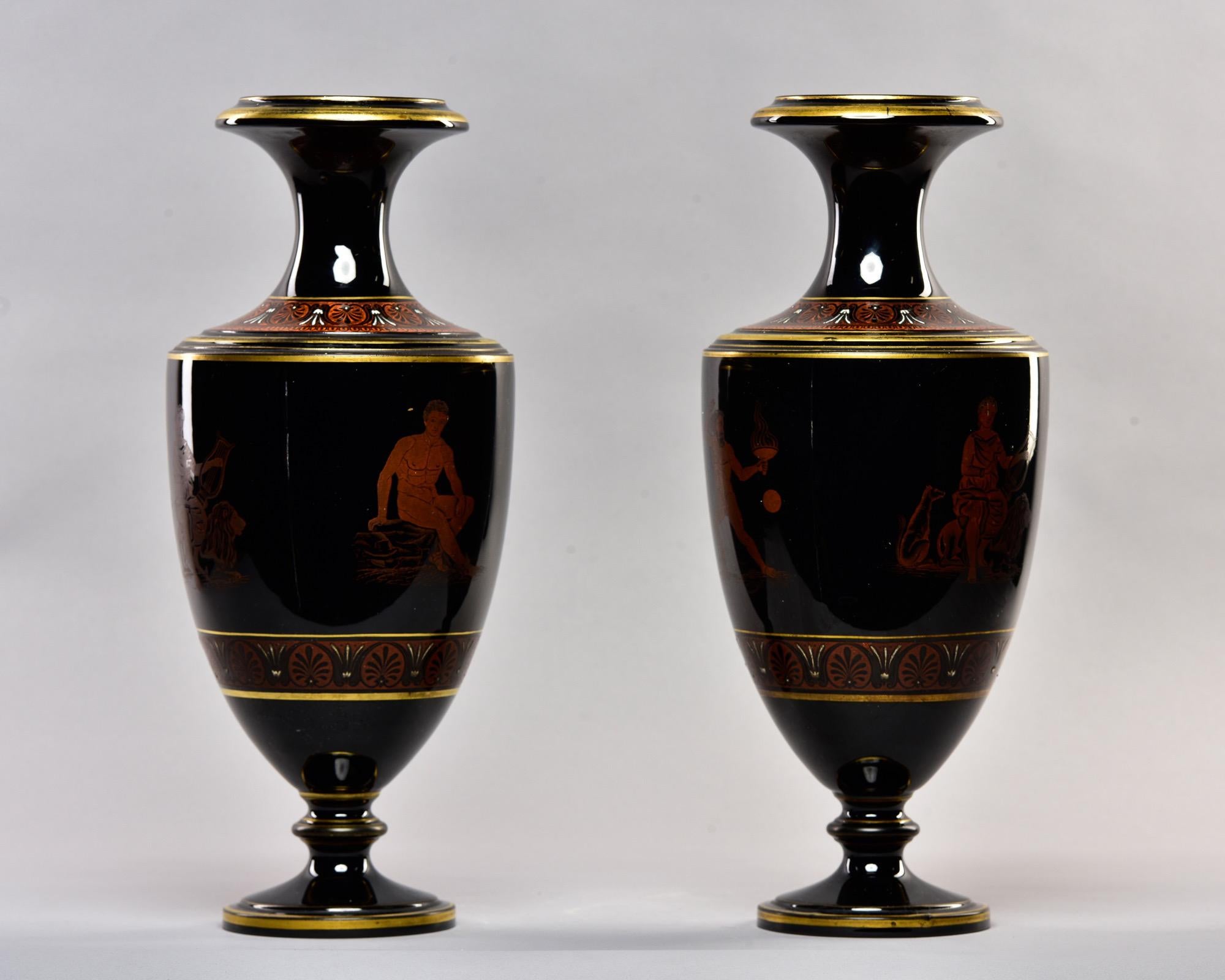 English Pair Late 19th Century Black Porcelain Neoclassical Vases For Sale