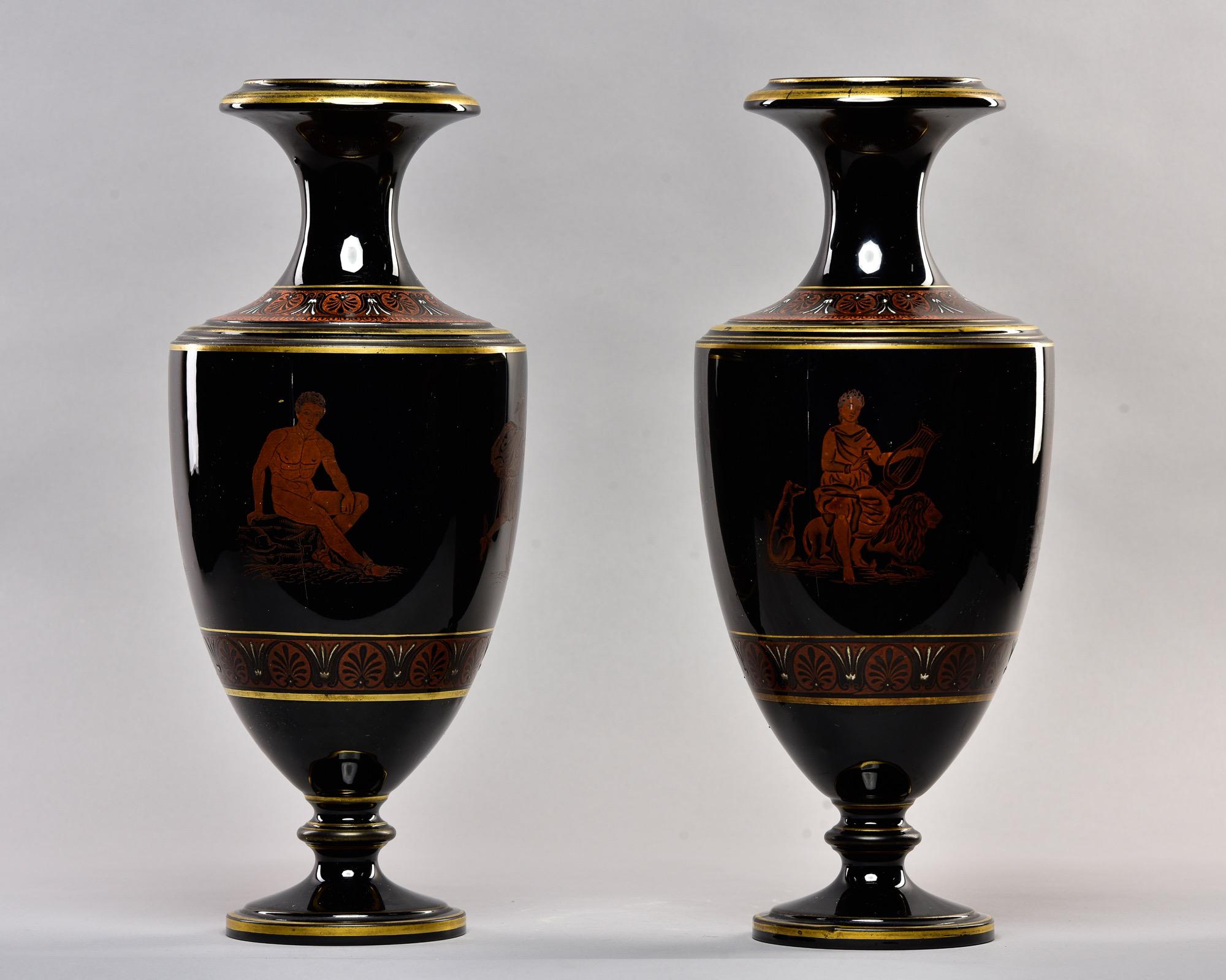 Pair Late 19th Century Black Porcelain Neoclassical Vases In Good Condition For Sale In Troy, MI