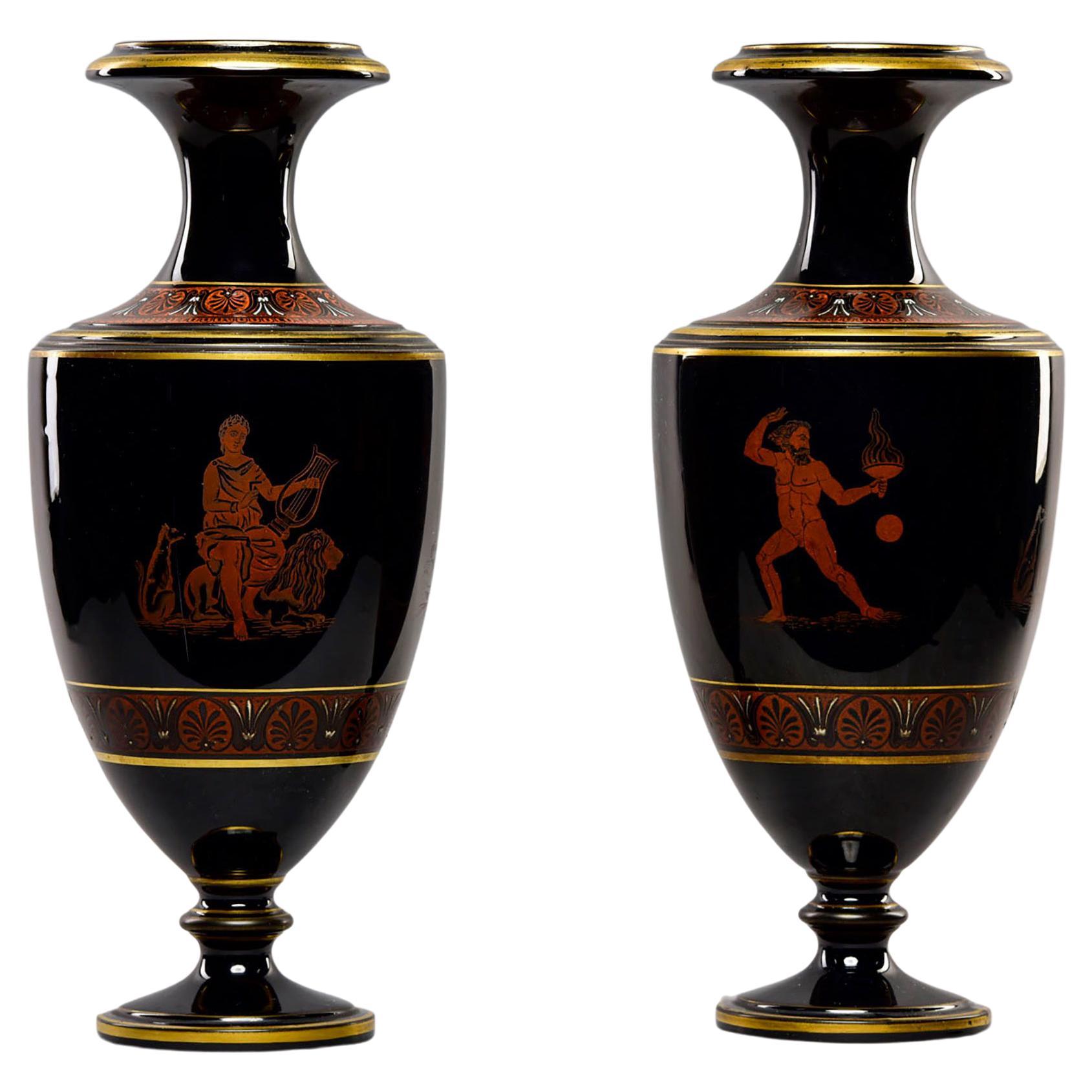 Pair Late 19th Century Black Porcelain Neoclassical Vases For Sale
