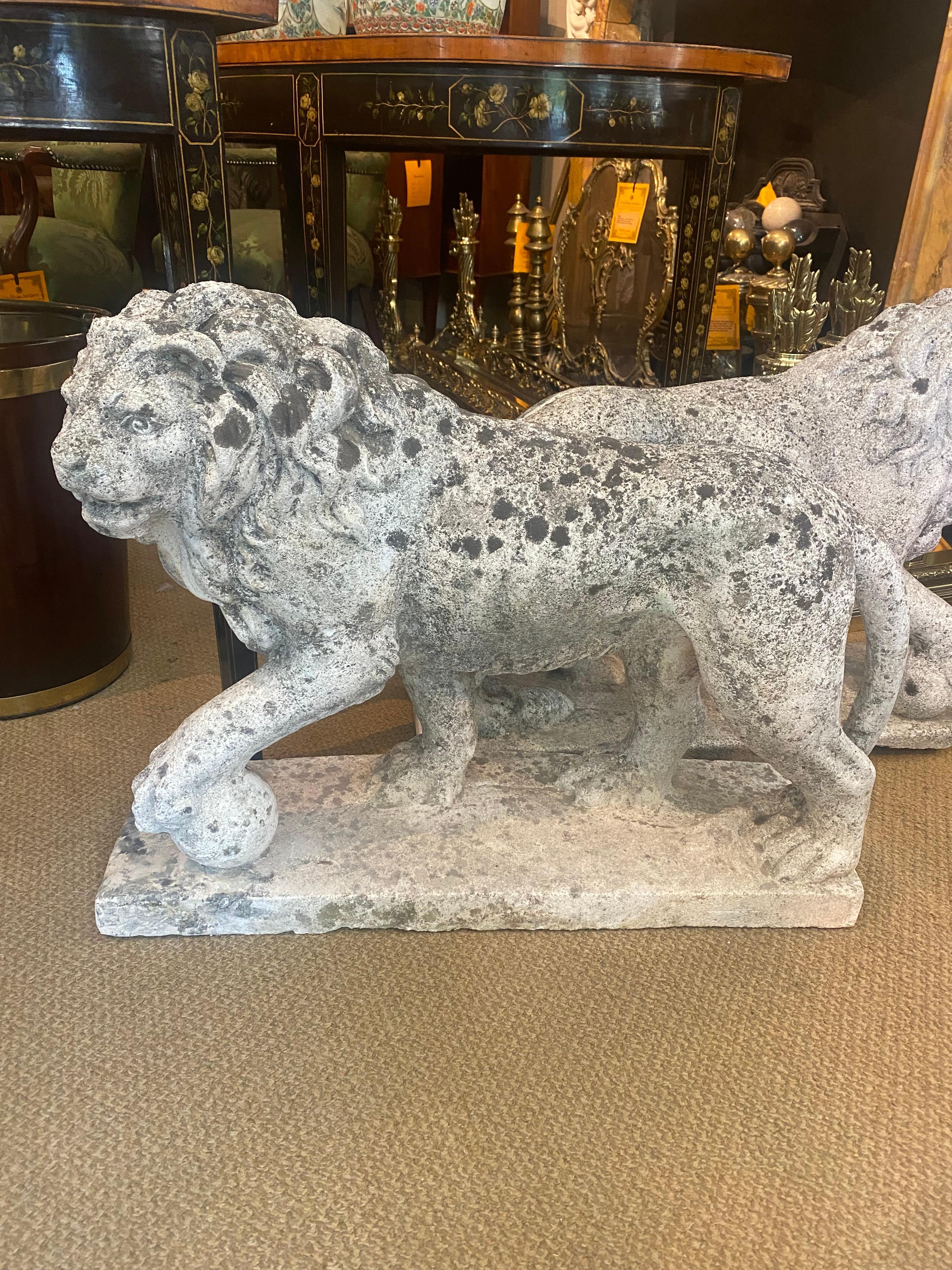 Pair Late 19th Century Carved Composite Stone Lions 2