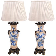 Pair of Late 19th Century Chinese Blue and White Crackelware Vases/ Lamps