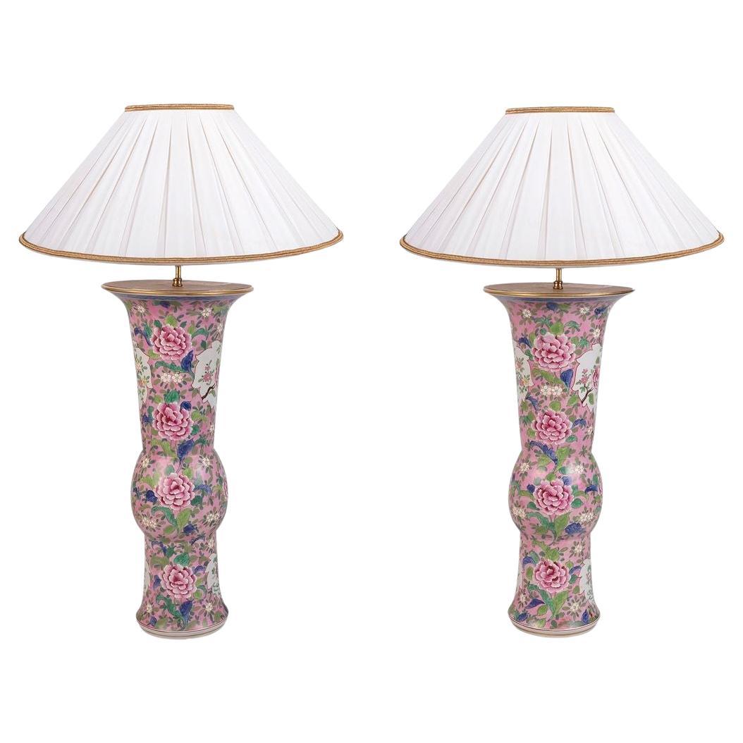 Pair Late 19th Century Chinese Famille Rose Vases / Lamps For Sale